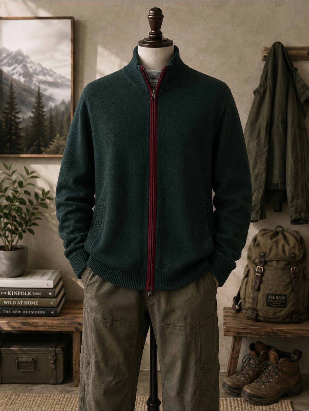 GOBI Mongolian Cashmere 2XL Forest Green Full Zip Mock Neck Sweater Cardigan